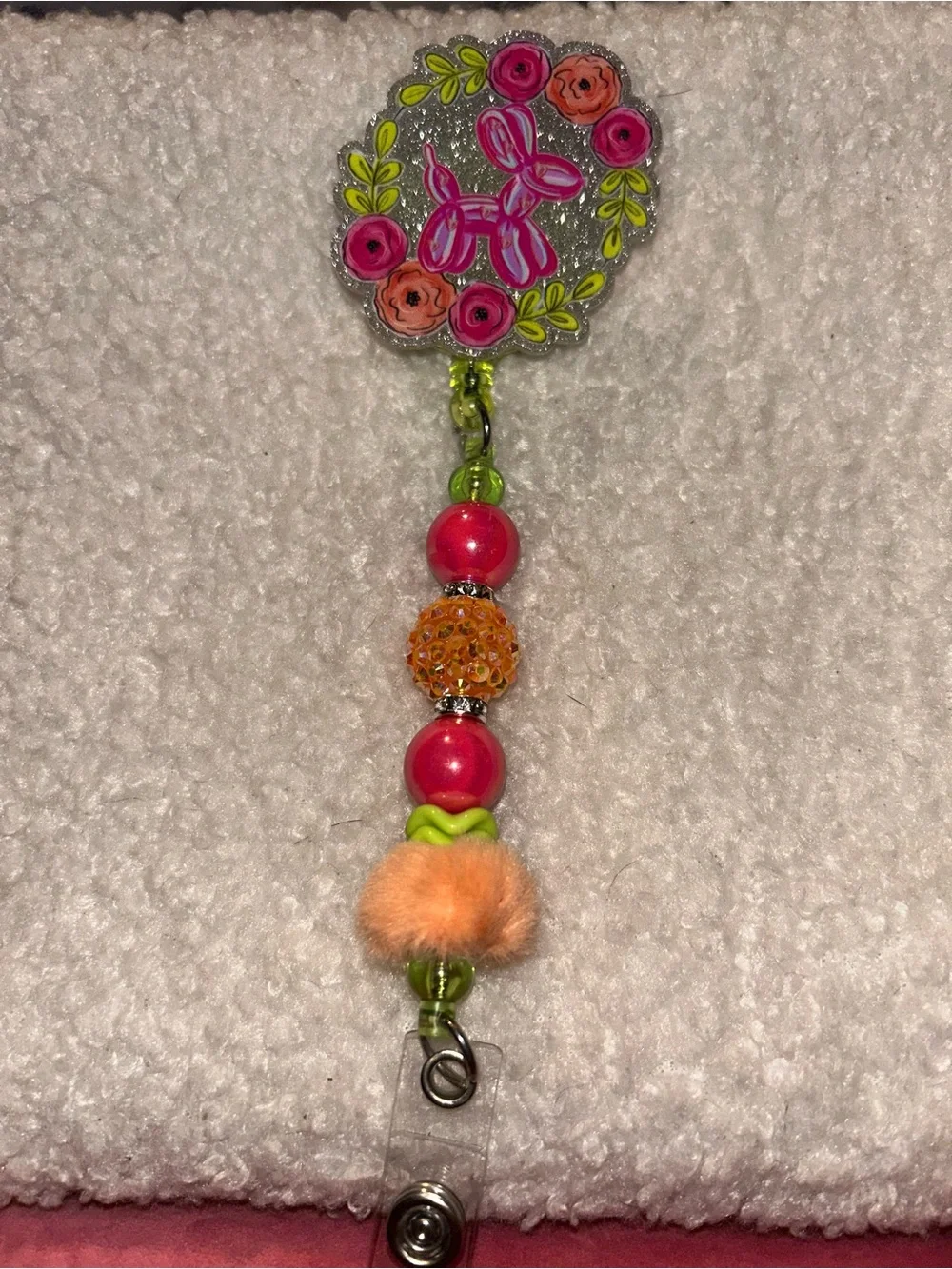 Pink and Orange Floral Balloon Dog Badge Reel